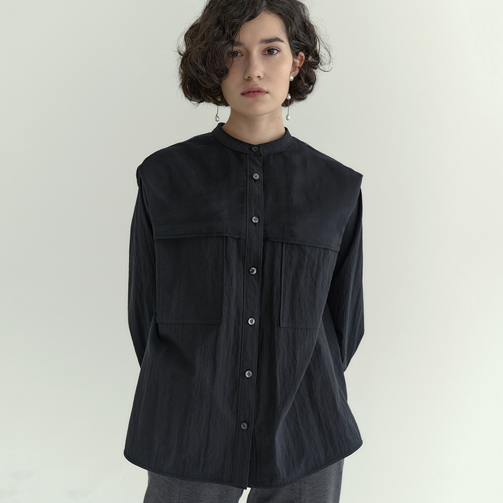 YONFA / オーガンジーダブルポケットシャツ (black)